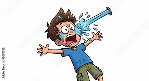 A cartoon boy getting splashed by water from a hose with a shocked expression on his face in a dynamic pose against a clean white background.