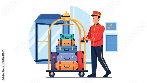 Bellhop's Welcome: A hotel bellhop, smartly dressed, guides a luggage cart laden with suitcases through a revolving door, embodying hospitality and service.