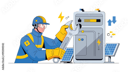 Solar Panel Technician: A skilled technician, equipped with protective gear and holding a wrench, meticulously inspects a solar panel system.