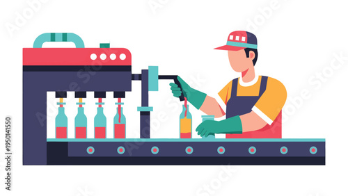 Industrial Precision: An illustration showcases a worker meticulously operating a bottling machine on an industrial production line, overseeing the precise filling process.
