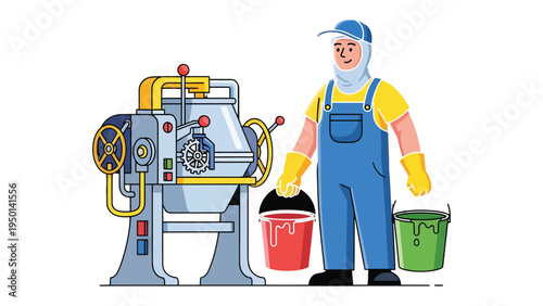 The Technician and the Mixer: A focused technician stands beside industrial machinery, holding paint buckets, ready to start a mixing process, symbolizing industry and production.