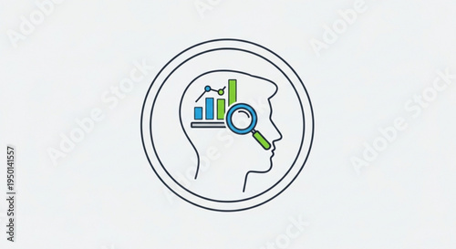 Businessman analyzing data with magnifying glass in head with graphs symbolizing market research and strategy planning