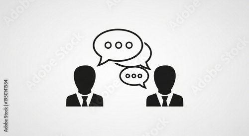 Two businessmen in black suits talking with speech bubbles on gray background communication concept