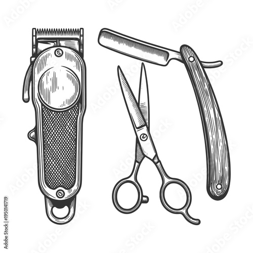classic barber tools including hair clipper, straight razor, and scissors, grooming, haircutting, and barbershop tradition sketch engraving generative ai vector illustration. Black and white image.