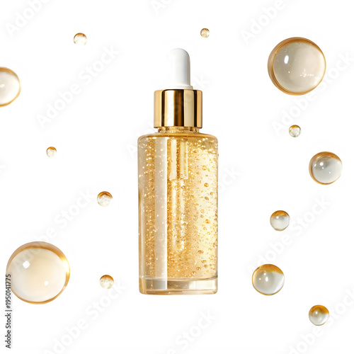 Golden serum in a glass bottle with a dropper and bubbles isolated on transparent background for skincare and beauty product advertising