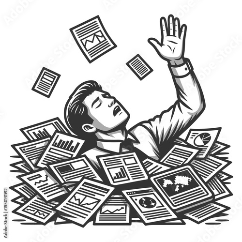 stressed office worker drowning in documents, work overload, bureaucracy, deadlines, and corporate stress sketch engraving generative ai vector illustration. Scratch board imitation. Black and white.
