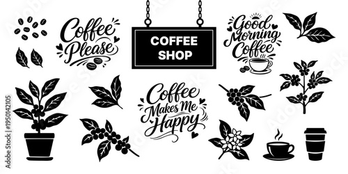 Collection of coffee elements including shop sign, beverage cup, plant, bean, and typography quote. Graphical icons for caffeine cafe menu design and restaurant marketing advertisement.