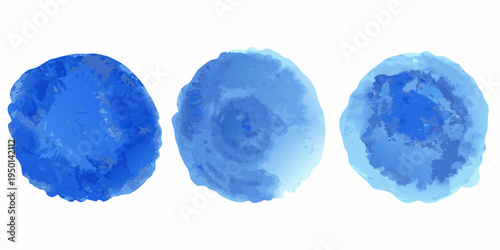 Three abstract watercolor shapes in varying shades of blue