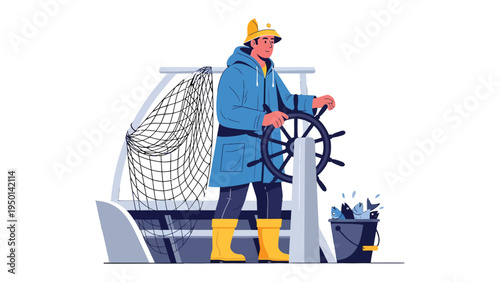 The Lone Mariner: A skilled mariner navigates his vessel with purpose, guiding his ship through the vast open sea. He is in complete command of the wheel