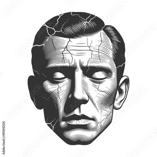 human face with visible cracks, representing psychological stress, emotional trauma, fragility, and inner mental breakdown sketch engraving generative ai vector illustration. Black and white image.