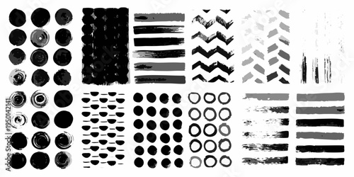 Collection of abstract brush strokes and geometric patterns in grayscale