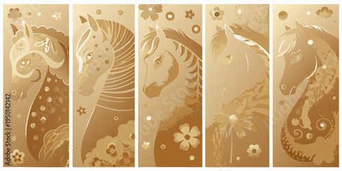 Golden horse heads in a repeating decorative panel design