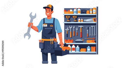 Expert Mechanic and Workshop: An expert mechanic stands confidently with a wrench, tools, ready to fix the machines. He embodies reliability and service.