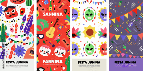 Colorful festa junina banners with traditional brazilian themes and decorations