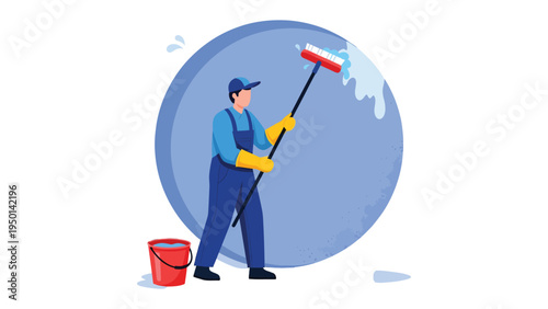Man Cleaning A Circular Surface: An illustration depicting a man, focused on his cleaning task, using a long-handled squeegee to meticulously wipe a surface with precision, a bucket nearby.
