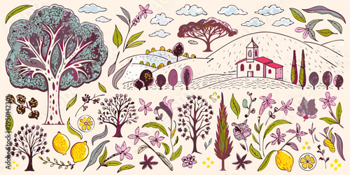 Whimsical illustration of a countryside landscape with trees and a church