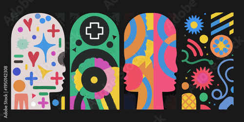 Four colorful abstract portraits with diverse patterns and shapes are displayed