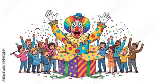 A colorful clown emerging from a gift box surrounded by a diverse group of people celebrating with confetti in the air on a white background with a joyful mood.