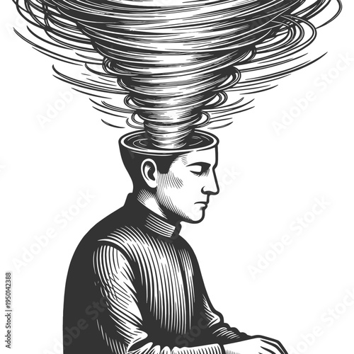 man with an open head releasing a swirling tornado of thoughts, overthinking, mental chaos, stress, and psychological overload sketch engraving generative ai vector illustration. Black and white image