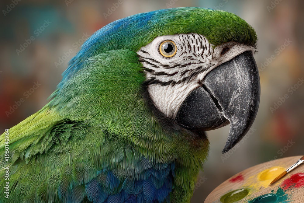 Fototapeta premium An artistic portrait of a vibrant macaw parrot featuring its colorful plumage, and a painter's palette, showcasing the beauty of nature and the art world together.
