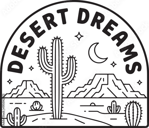 desert moon stars mesa silhouette hand drawn badge emblem