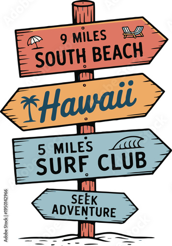 signpost wooden travel pointer beach destinations palm tree surf clubs