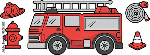 fire truck ladder helmet hydrant hose cone vector illustration