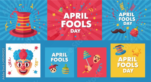 Vibrant april fools day icons and stickers with colorful designs and playful illustrations on blue background