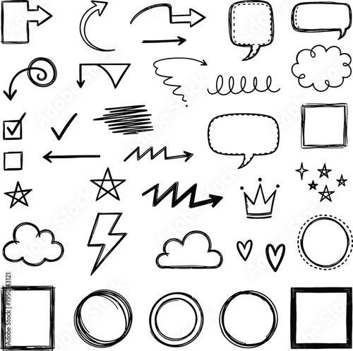 A collection of hand drawn speech bubbles and icons on vector