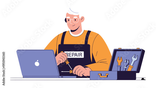 Tech Repair Expert at Work: An expert tech repair specialist focused on his craft, meticulously working on a laptop. His workstation features his tool box. A display of skill and attention to detail.