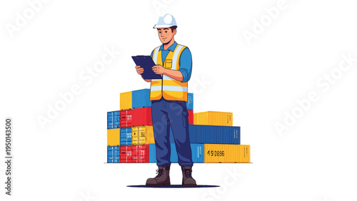 Logistics Inspector at Work: A diligent logistics inspector stands proudly, meticulously reviewing documents, surrounded by stacks of vibrant cargo containers.