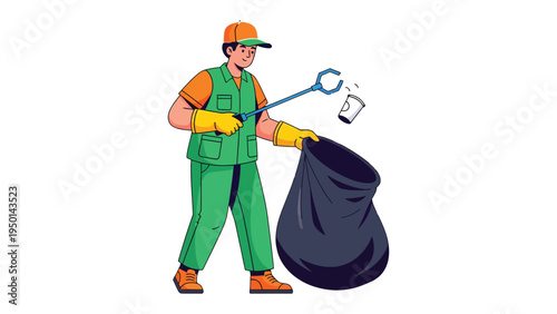 Community Cleaner: A dedicated individual diligently cleans up the environment, removing trash with a grabber and placing it in a bin bag, highlighting commitment to environmental cleanliness.
