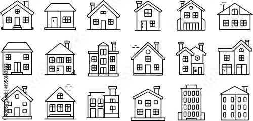 house architectural line icon set for real estate and urban planning