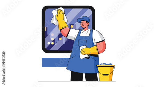 Window Washing: A dedicated cleaner meticulously wipes a window, ensuring a pristine, streak-free surface. Equipped with gloves, and cleaning tools.