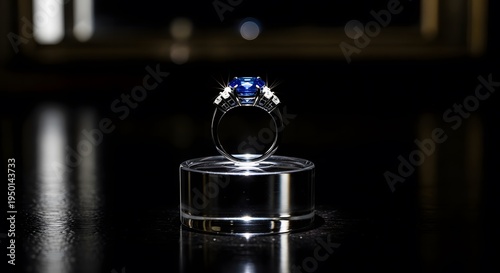 Exquisite sapphire and diamond trilogy ring on a transparent acrylic pedestal with dramatic professional lighting.