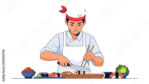 Sushi Chef at Work: A skilled sushi chef meticulously prepares a variety of sushi rolls, using precision tools, capturing the art of culinary creation