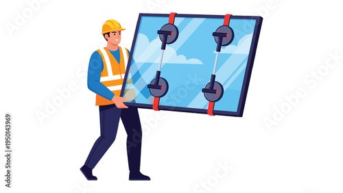 Glass Installation Worker: A skilled worker carefully carries a large pane of glass, utilizing suction cups and precision.