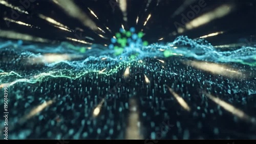 Abstract Digital Network Connection with Glowing Particles and Geometric Shapes.