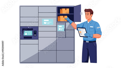 Secure Delivery: A courier interacts with an automated parcel locker system, ensuring secure and efficient package delivery.