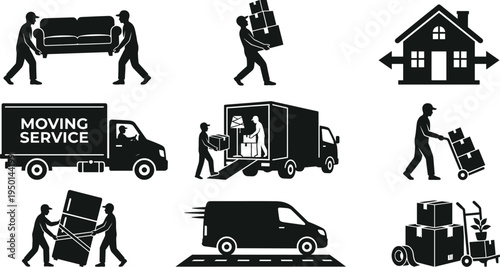 Professional Home Moving and Relocation Icon Set Featuring Movers Carrying Furniture Loading Delivery Trucks Packing Boxes and Logistics Silhouettes