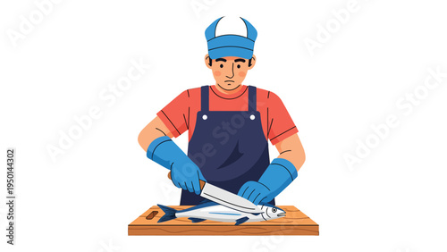 Artisan at Work: An artisan meticulously prepares a fresh fish on a wooden cutting board, showcasing precision and dedication to the culinary arts.