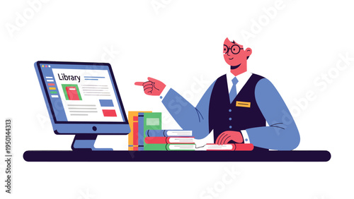 Digital Library Guide: An illustration depicts a librarian at a desk, enthusiastically pointing towards a computer screen displaying a library interface.