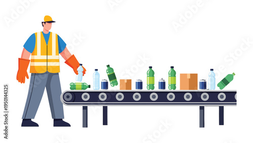 Recycling Process and worker: A diligent worker manages the flow of various items on a conveyor belt, showcasing the process of recycling and waste management.