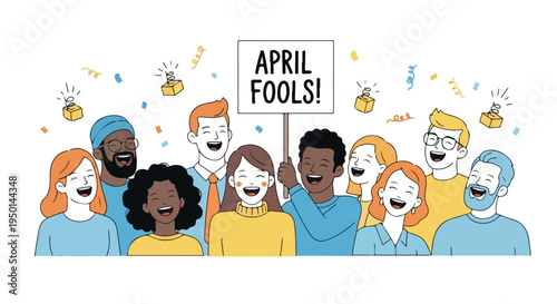 Diverse group of people celebrating April Fools' Day with a sign and confetti on a white background with a playful mood.