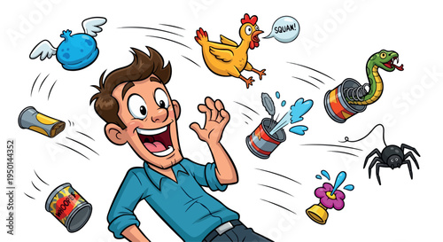 Cartoon man with a shocked expression surrounded by various whimsical objects and creatures in mid-air.