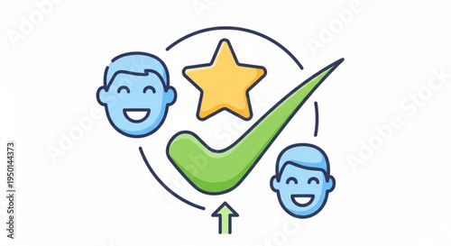 Two smiling faces with a green checkmark and yellow star symbolizing approval satisfaction and teamwork in a circular motion