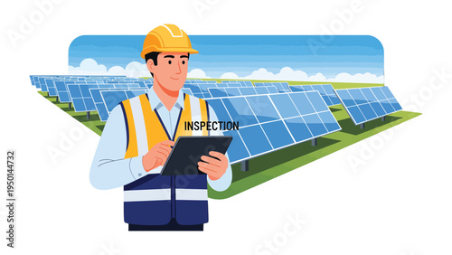 Solar Energy Inspector: An inspector in a hard hat meticulously reviews data on a tablet, overseeing a vast solar panel array under a bright, sunny sky.