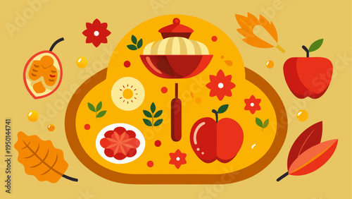 Vector autumn food illustration with pie and fruits