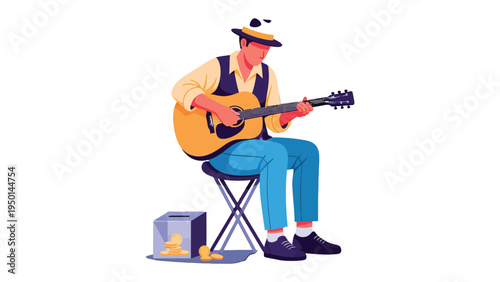 Serenade of Strings: A musician, immersed in his craft, plays a warm acoustic guitar, creating a harmonious melody that fills the air.