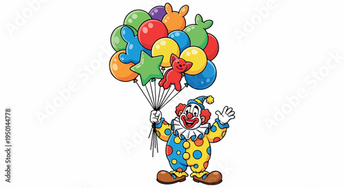 A colorful cartoon clown holding a large bunch of balloons in a playful gesture against a clean white background.